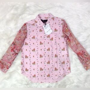 NWT Comme des Garcons Pink Striped Floral Peter Pan Collar Button Down Shirt S